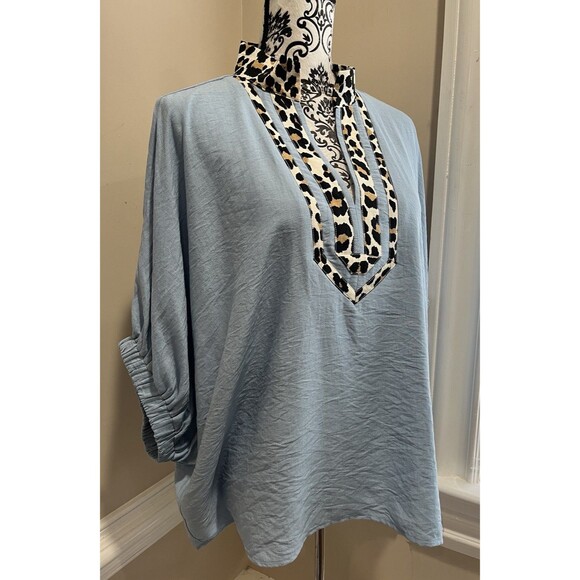 Entro Blue W/ Leopard Trim Blue Dolman Sleeve Boho Office Siren Large Lagenlook - Picture 9 of 15